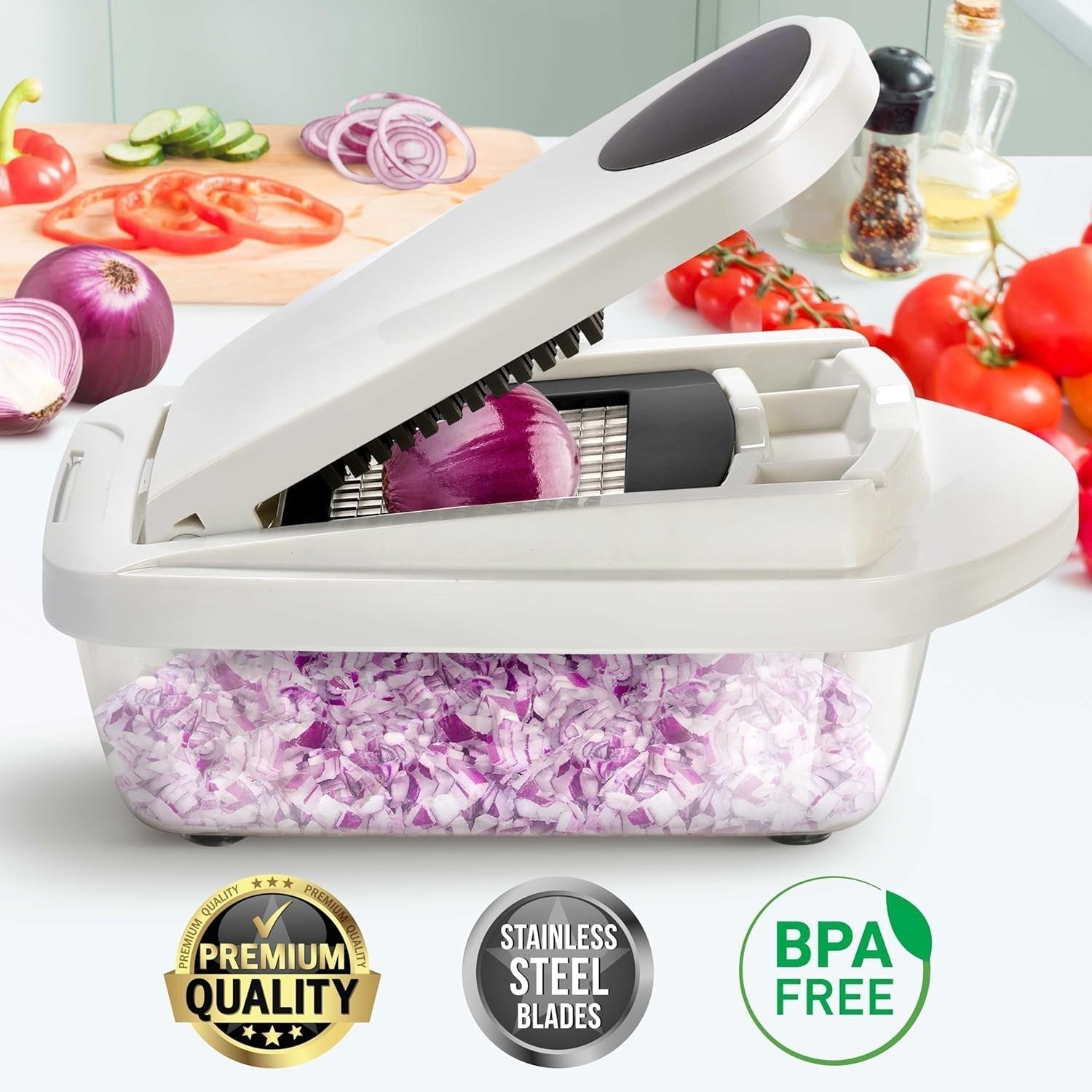 Cortador de Verduras 10 en 1 con 8 Cuchillas – ¡Corte, Picado y Rallado Más Rápido!