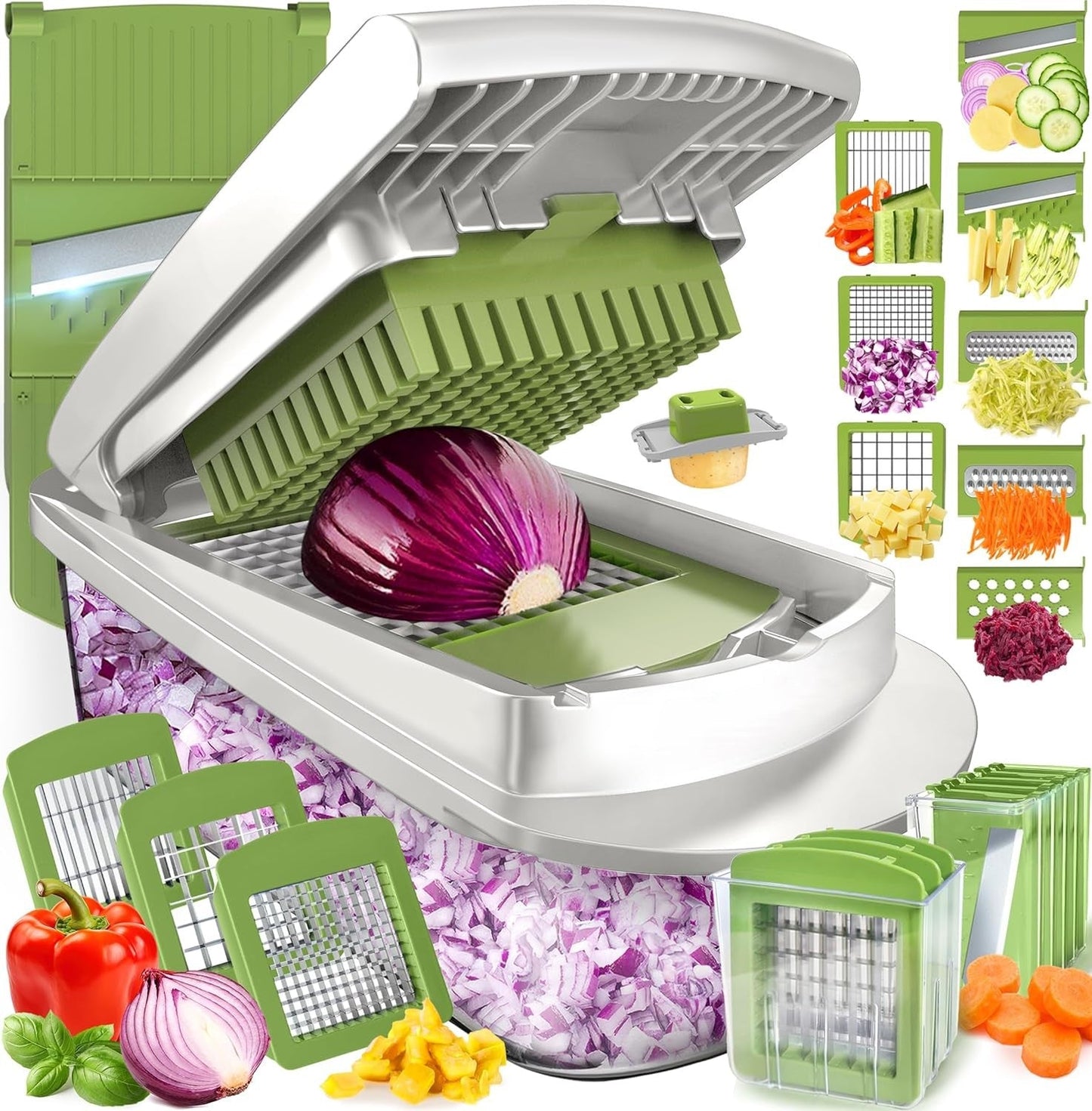 Cortador de Verduras 10 en 1 con 8 Cuchillas – ¡Corte, Picado y Rallado Más Rápido!