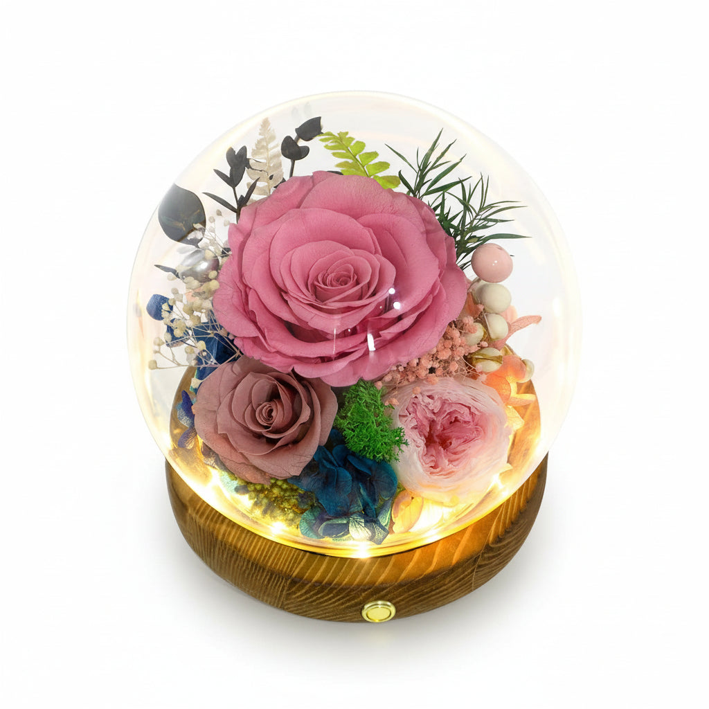 Cúpula de cristal con rosa preservada — Luces LED integradas