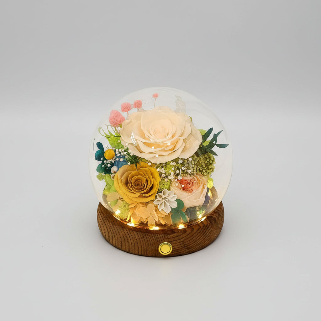 Cúpula de cristal con rosa preservada — Luces LED integradas