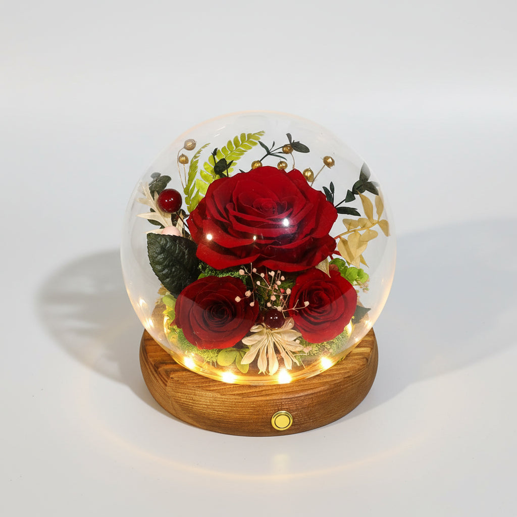 Cúpula de cristal con rosa preservada — Luces LED integradas