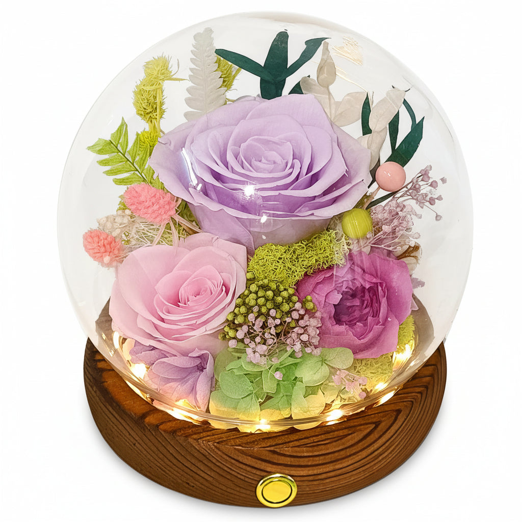 Cúpula de cristal con rosa preservada — Luces LED integradas