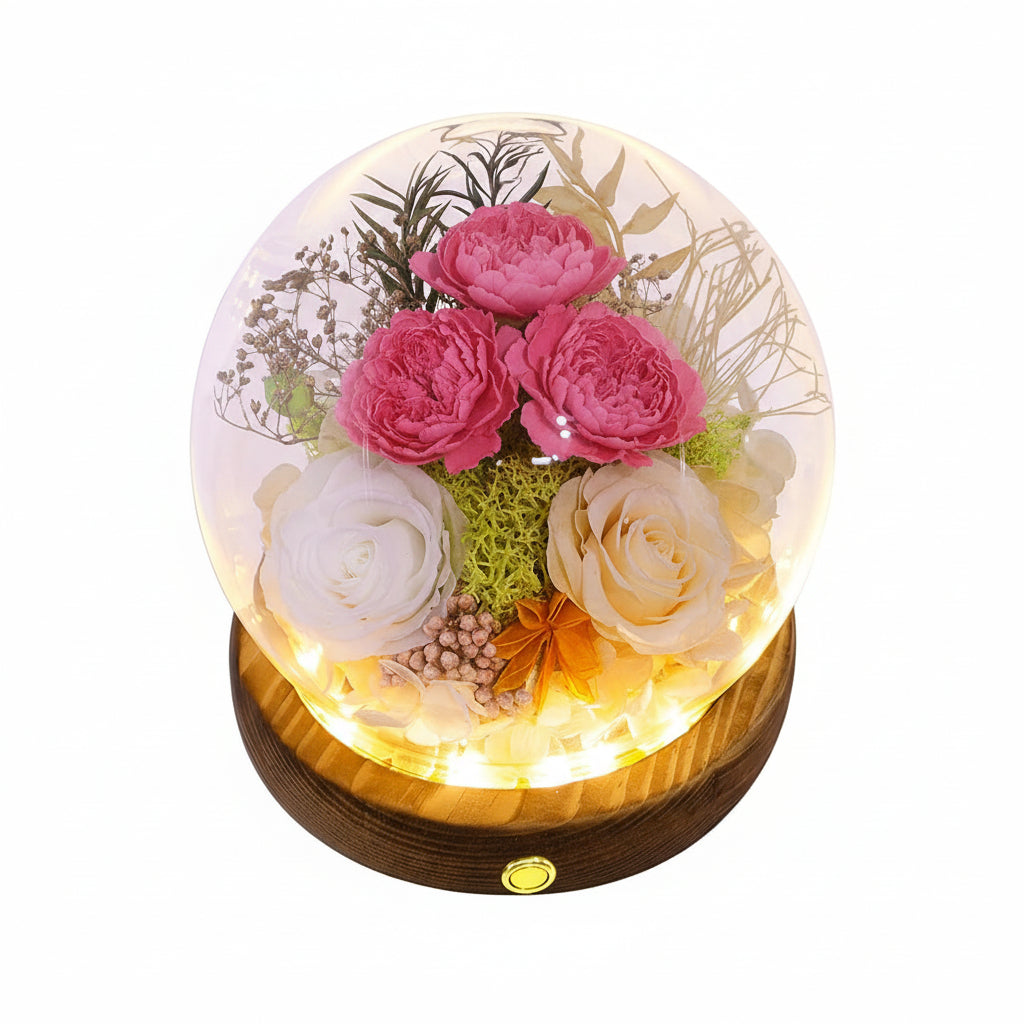 Cúpula de cristal con rosa preservada — Luces LED integradas
