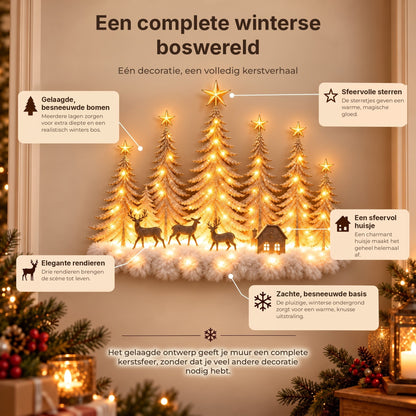Decoración mural de bosque invernal iluminado - Paisaje navideño 3D con ciervos y luz LED cálida