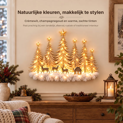 Decoración mural de bosque invernal iluminado - Paisaje navideño 3D con ciervos y luz LED cálida