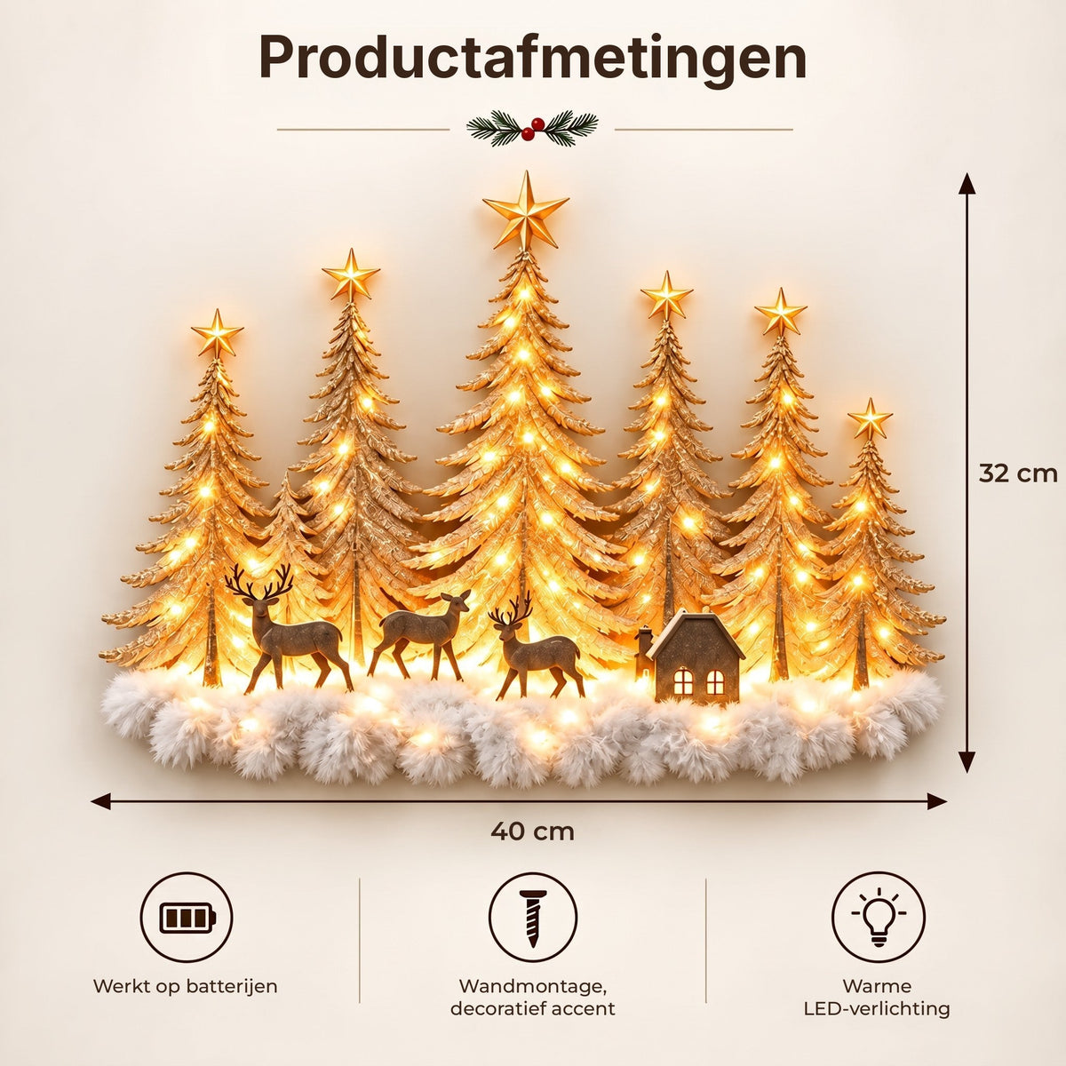 Decoración mural de bosque invernal iluminado - Paisaje navideño 3D con ciervos y luz LED cálida