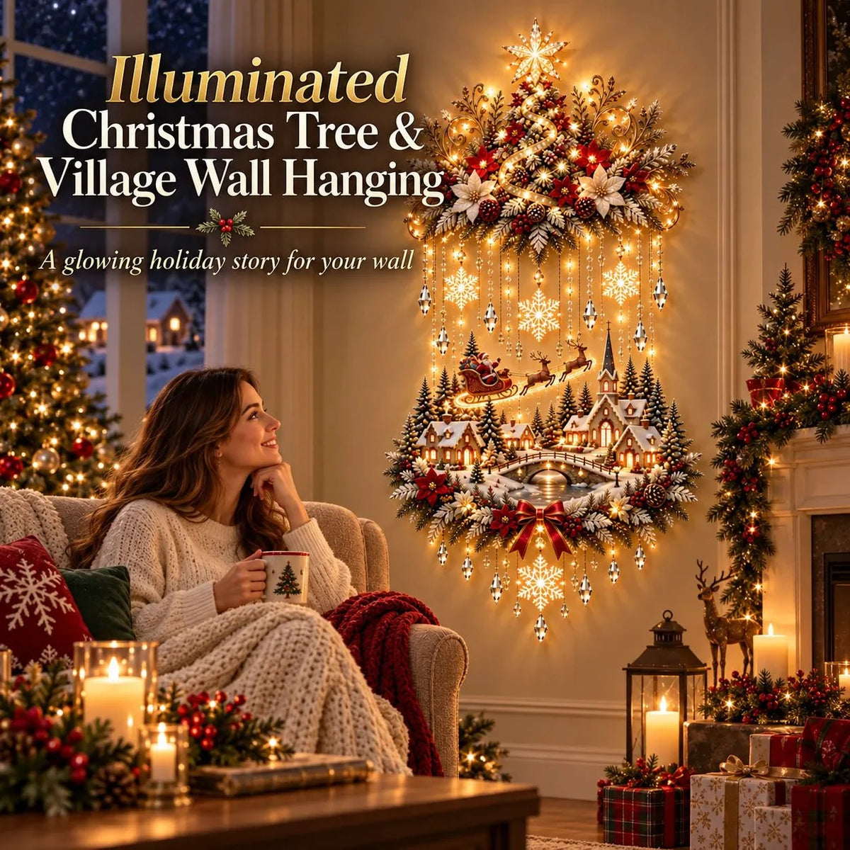 Decoración navideña de pared con árbol colgante iluminado y luces LED cálidas