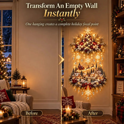Decoración navideña de pared con árbol colgante iluminado y luces LED cálidas