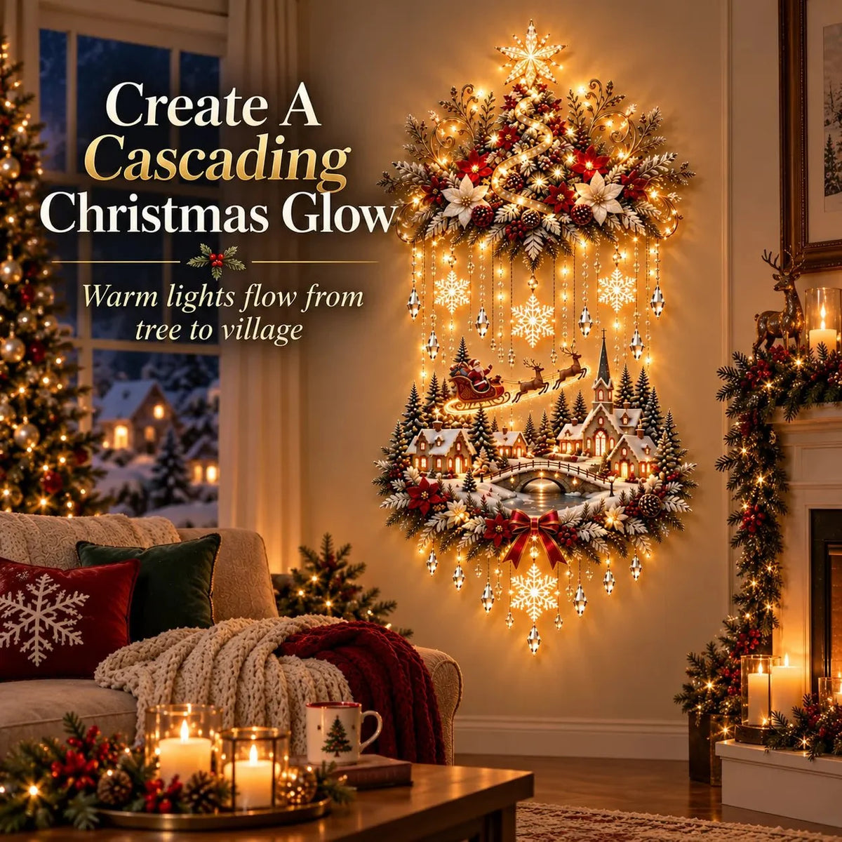Decoración navideña de pared con árbol colgante iluminado y luces LED cálidas