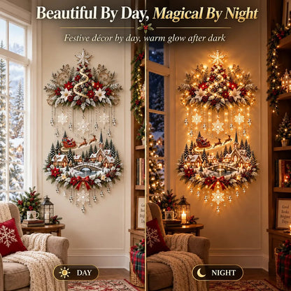 Decoración navideña de pared con árbol colgante iluminado y luces LED cálidas