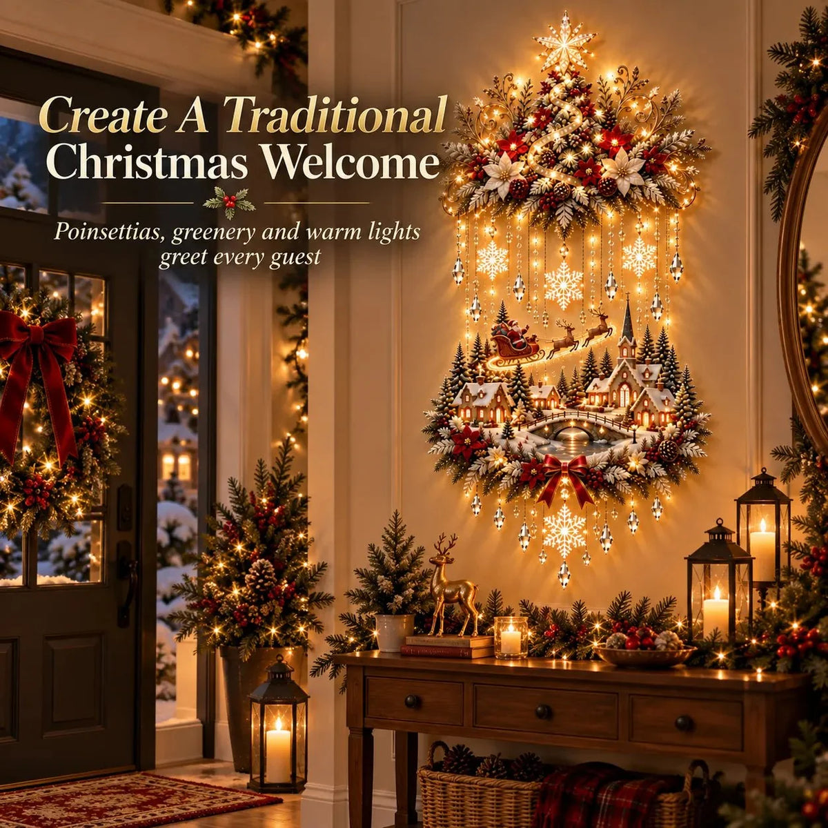Decoración navideña de pared con árbol colgante iluminado y luces LED cálidas