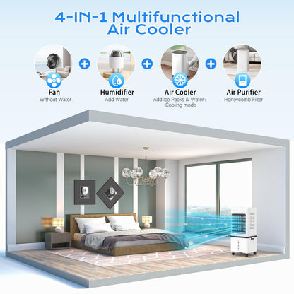 Enfriador de Aire Evaporativo Portátil para el Hogar, Tanque de 12L y Temporizador