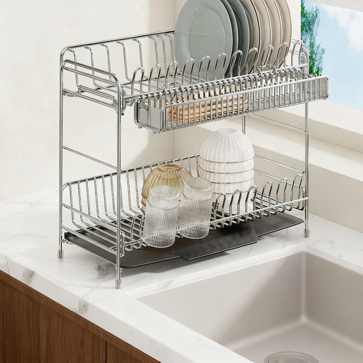 Escurreplatos de acero inoxidable con cesta de drenaje, 1–2 niveles