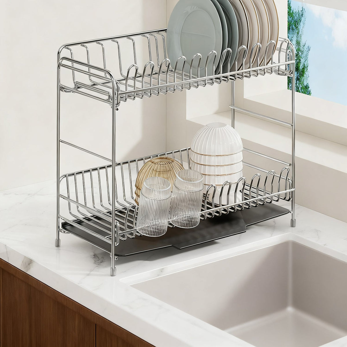 Escurreplatos de acero inoxidable con cesta de drenaje, 1–2 niveles