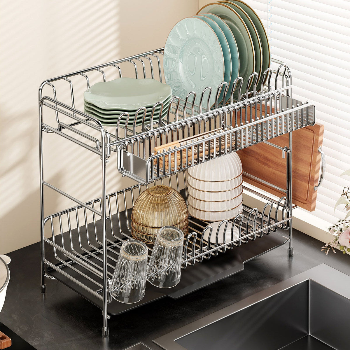 Escurreplatos de acero inoxidable con cesta de drenaje, 1–2 niveles