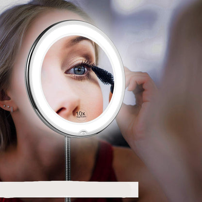 Espejo de aumento LED elegante con cuello flexible ajustable, ideal para maquillaje de precisión y cuidado facial diario con iluminación perfecta