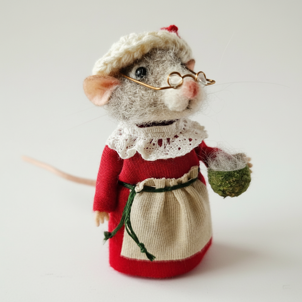 Figura decorativa de ratón de fieltro de lana ecológica hecha a mano | Adorno festivo y de regalo