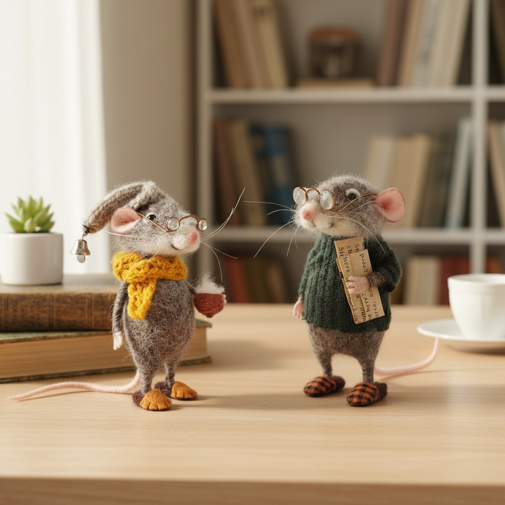 Figura decorativa de ratón de fieltro de lana ecológica hecha a mano | Adorno festivo y de regalo
