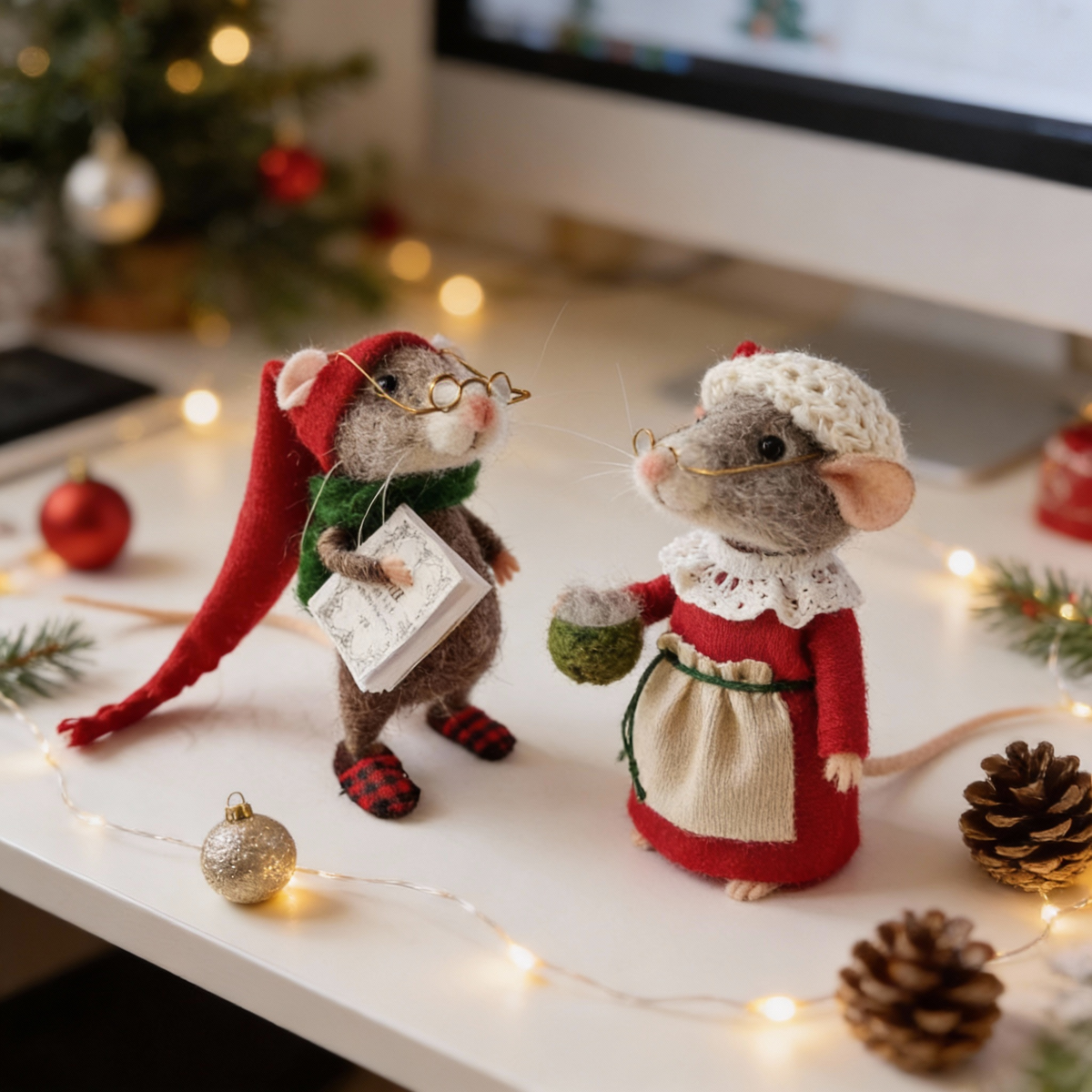 Figura decorativa de ratón de fieltro de lana ecológica hecha a mano | Adorno festivo y de regalo