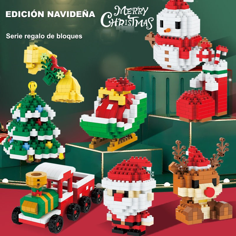 Figuras navideñas de mini bloques de construcción – Set de regalo con Papá Noel, muñeco de nieve, reno y árbol