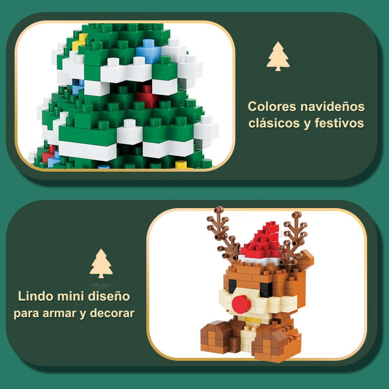 Figuras navideñas de mini bloques de construcción – Set de regalo con Papá Noel, muñeco de nieve, reno y árbol