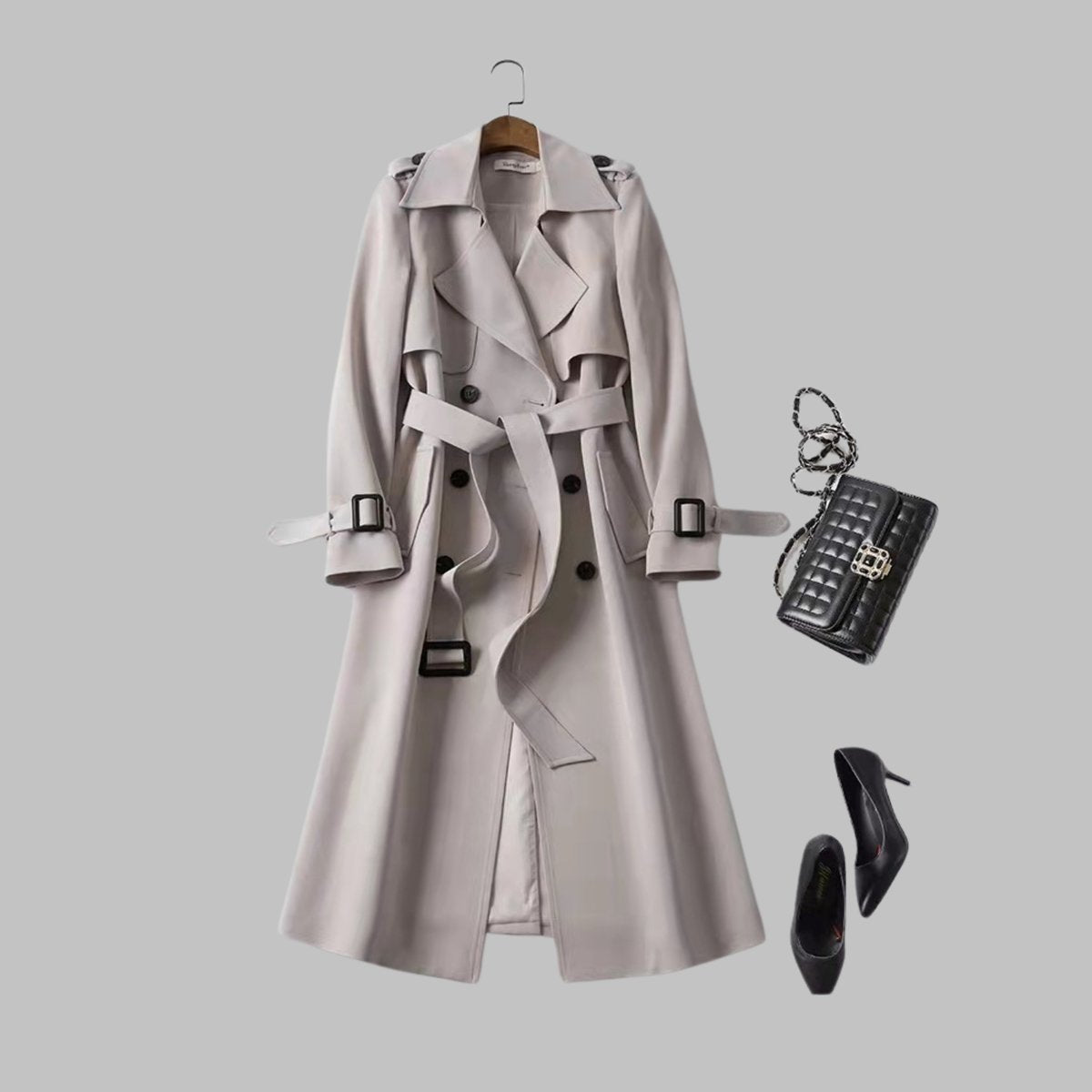 Gabardina elegante para mujer con doble botonadura, cinturón y largo a la rodilla