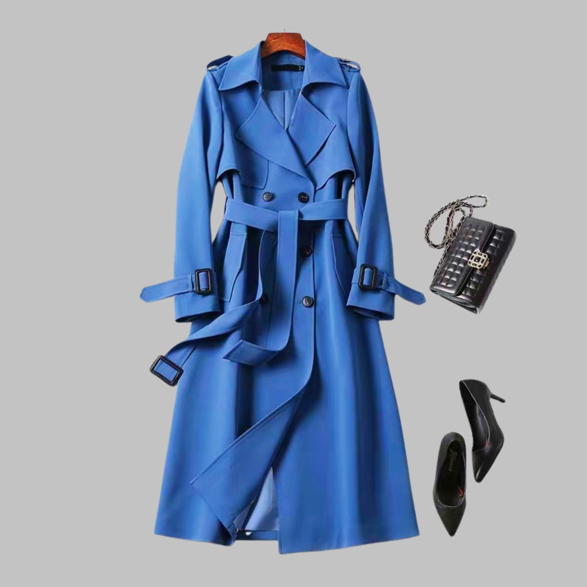 Gabardina elegante para mujer con doble botonadura, cinturón y largo a la rodilla