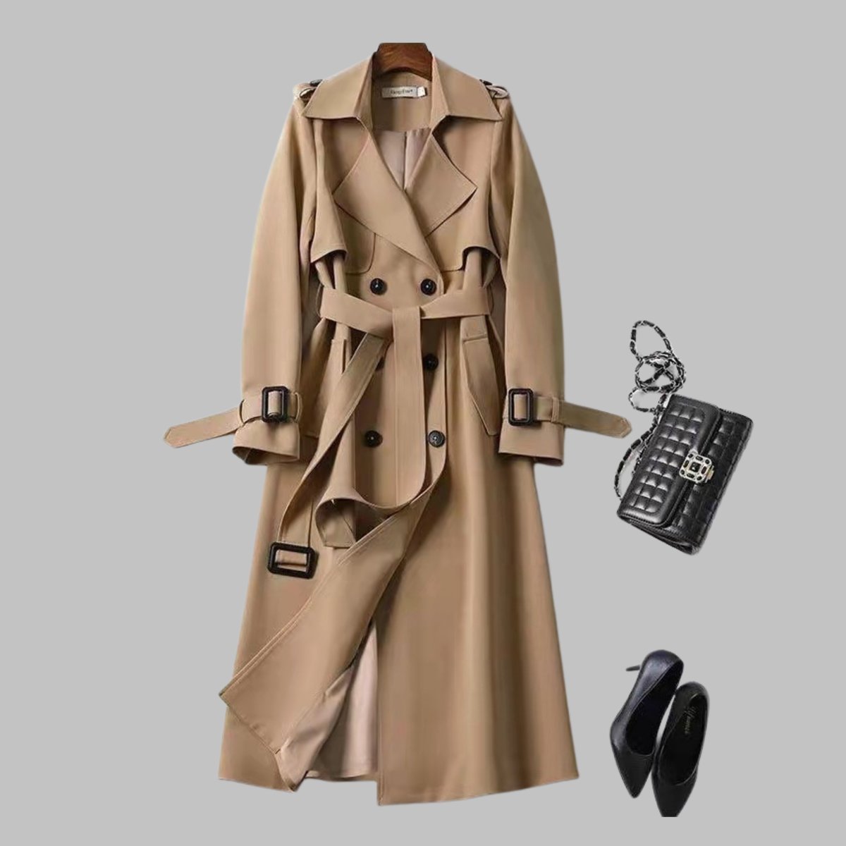 Gabardina elegante para mujer con doble botonadura, cinturón y largo a la rodilla