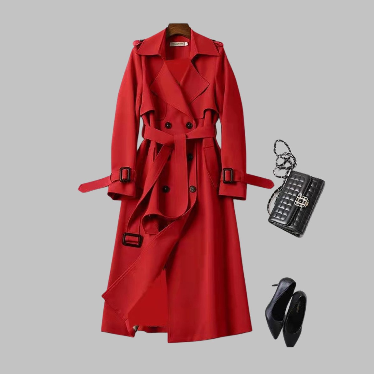 Gabardina elegante para mujer con doble botonadura, cinturón y largo a la rodilla