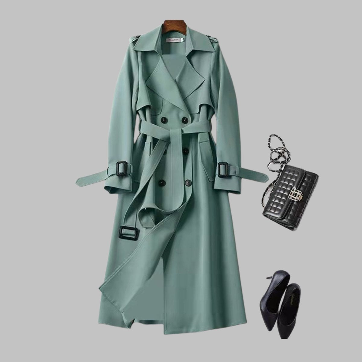 Gabardina elegante para mujer con doble botonadura, cinturón y largo a la rodilla