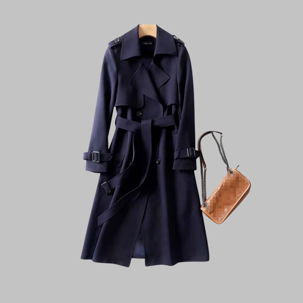 Gabardina elegante para mujer con doble botonadura, cinturón y largo a la rodilla