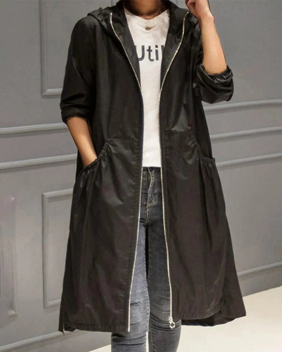 Gabardina larga impermeable con capucha para mujer