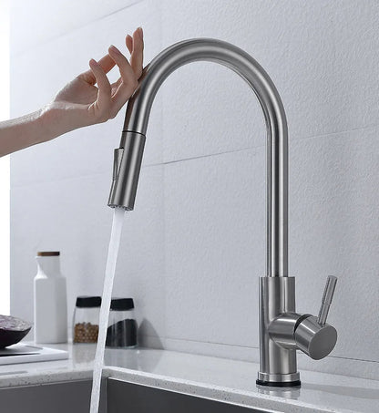 Grifo de cocina extraíble táctil – Grifo monomando con sensor sin contacto y manguera flexible de latón moderno