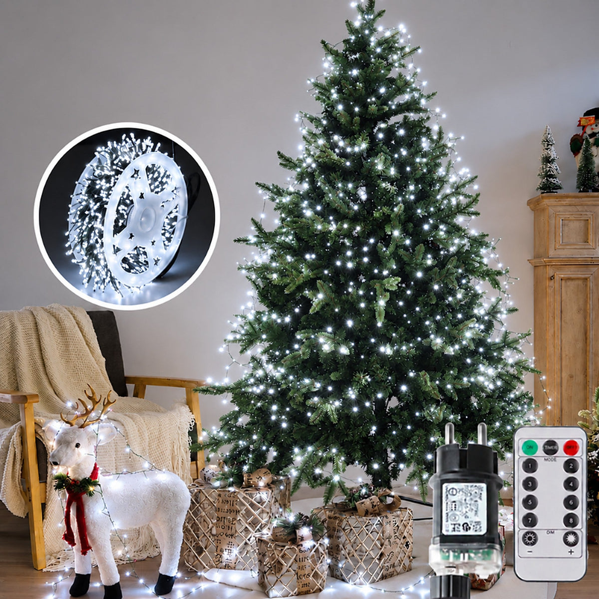 Guirnalda de luces LED tipo racimo para árbol de Navidad con cable verde y mando a distancia