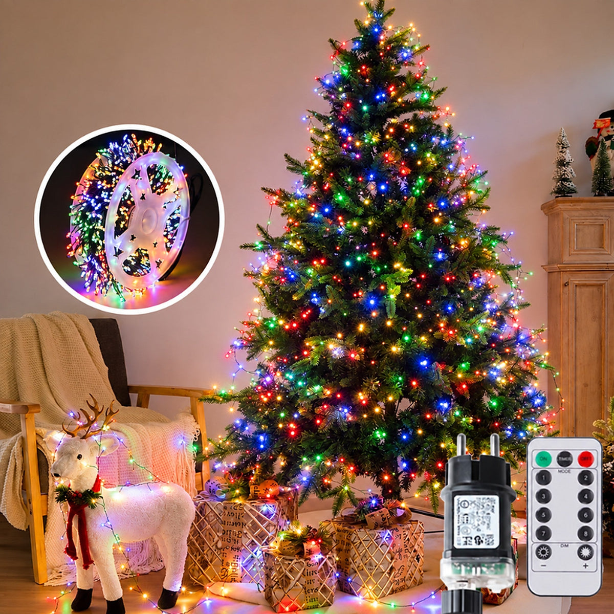 Guirnalda de luces LED tipo racimo para árbol de Navidad con cable verde y mando a distancia