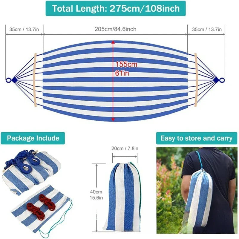 Hamaca Doble de Lona | Cama Colgante Antivuelco con Barras de Madera para Camping y Aire Libre