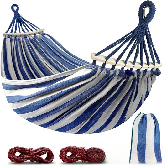Hamaca Doble de Lona | Cama Colgante Antivuelco con Barras de Madera para Camping y Aire Libre