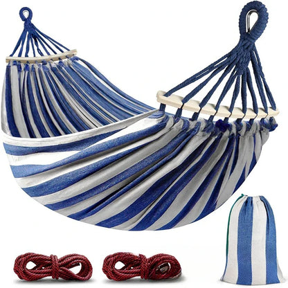 Hamaca Doble de Lona | Cama Colgante Antivuelco con Barras de Madera para Camping y Aire Libre