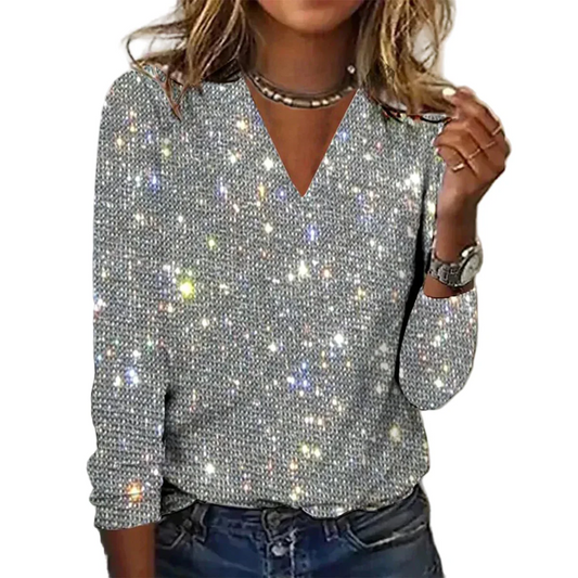 Jersey brillante con cuello de pico para mujer