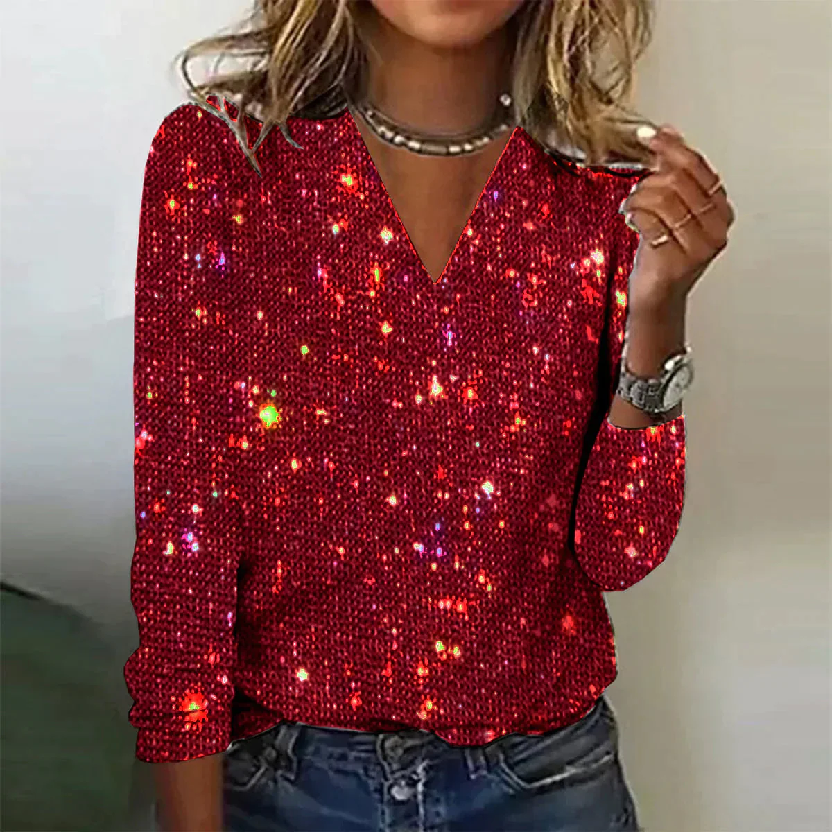 Jersey brillante con cuello de pico para mujer