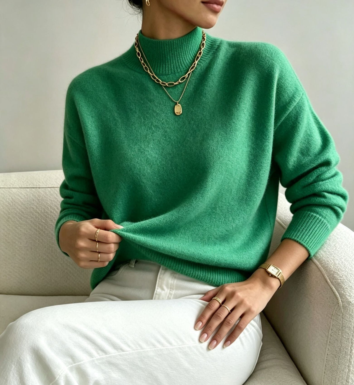 Jersey cómodo de punto fino para mujer con cuello subido y hombros caídos
