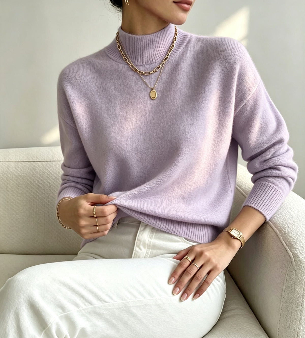 Jersey cómodo de punto fino para mujer con cuello subido y hombros caídos
