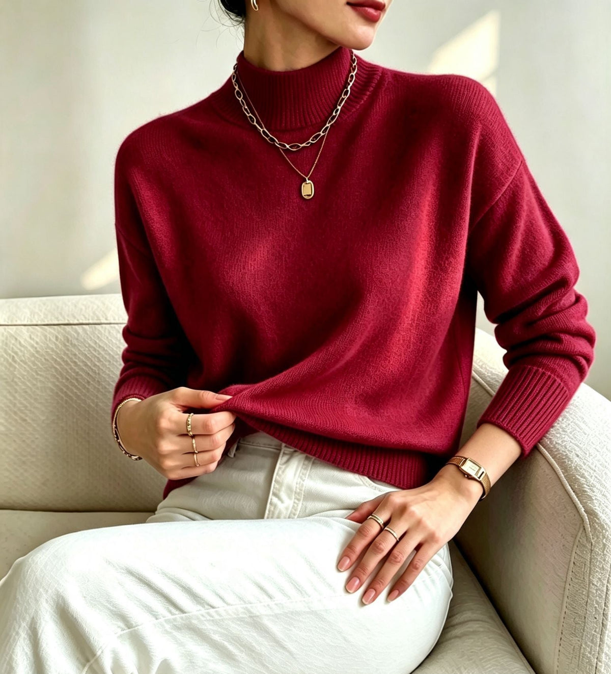 Jersey cómodo de punto fino para mujer con cuello subido y hombros caídos