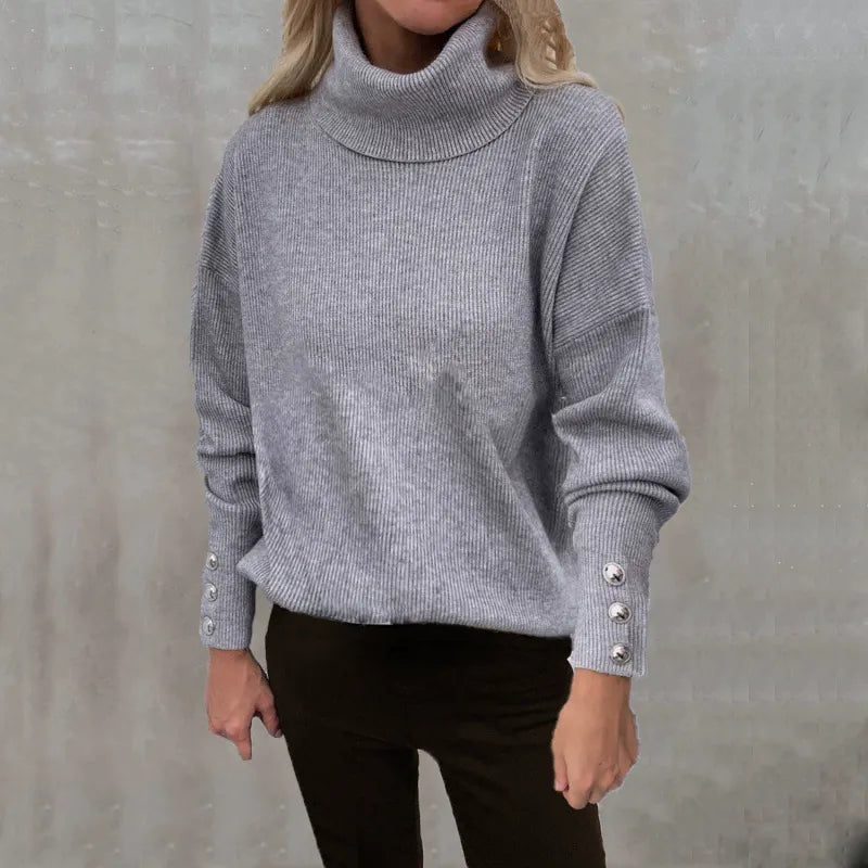 Jersey de cuello alto para mujer de corte holgado con manga larga y botones