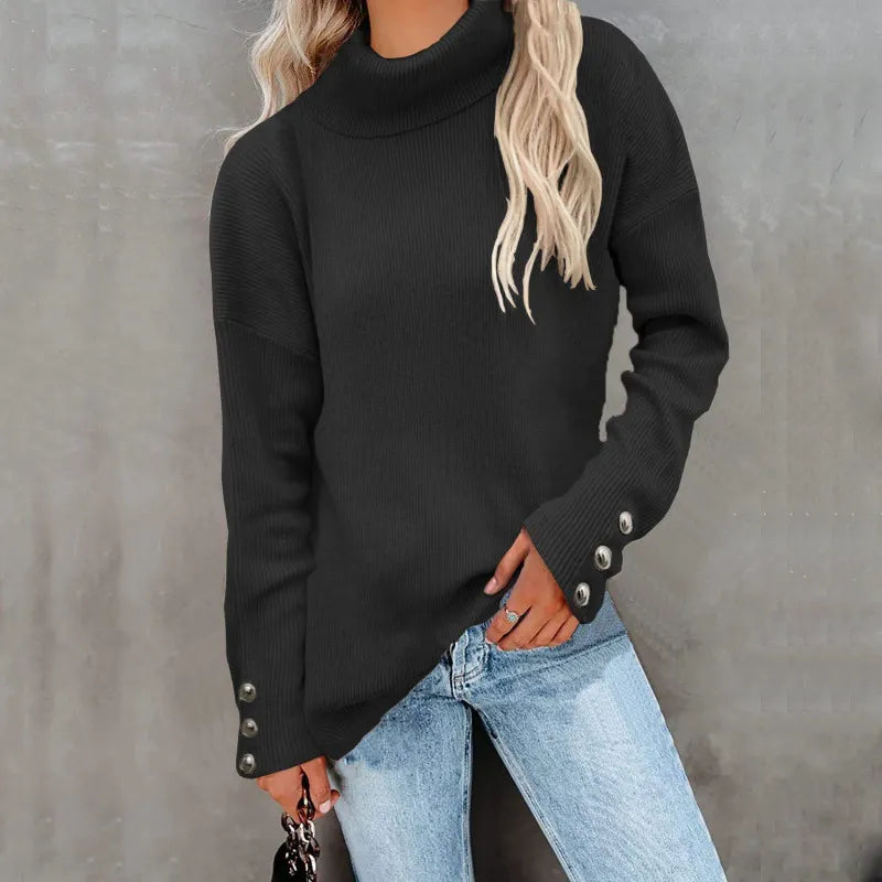 Jersey de cuello alto para mujer de corte holgado con manga larga y botones