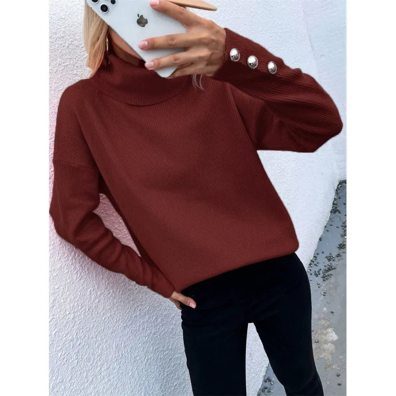 Jersey de cuello alto para mujer de corte holgado con manga larga y botones