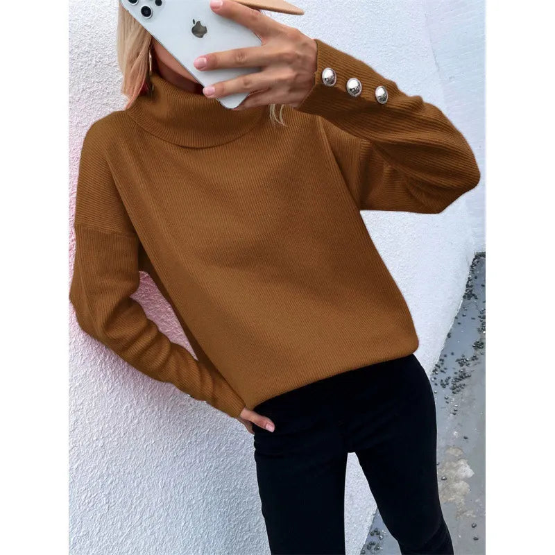 Jersey de cuello alto para mujer de corte holgado con manga larga y botones