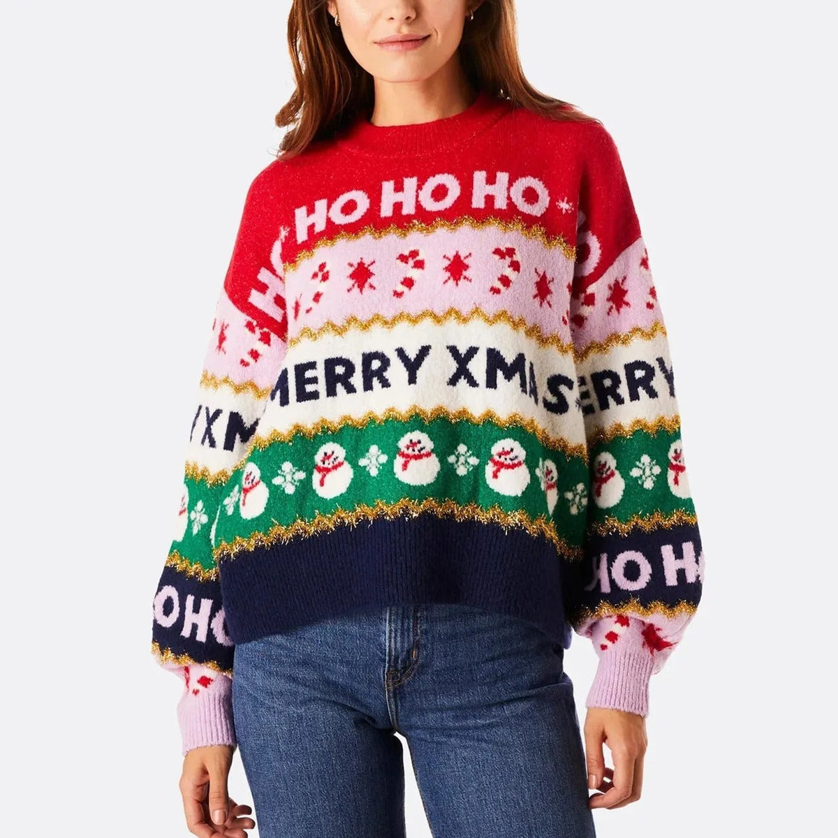 Jersey de Navidad de punto para mujer – Jersey colorido con motivos de «Ho», «Merry Christmas» y copos de nieve