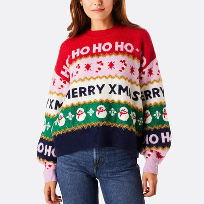 Jersey de Navidad de punto para mujer – Jersey colorido con motivos de «Ho», «Merry Christmas» y copos de nieve