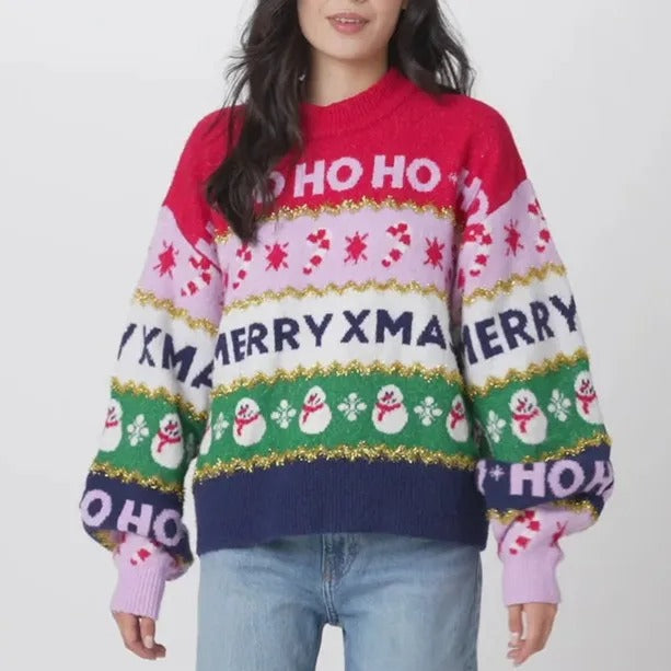 Jersey de Navidad de punto para mujer – Jersey colorido con motivos de «Ho», «Merry Christmas» y copos de nieve